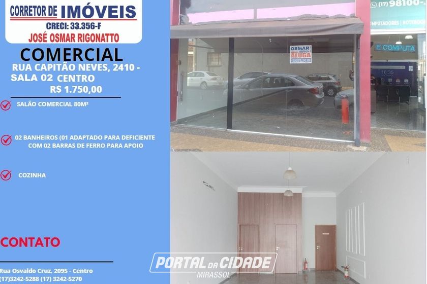 Sal&atilde;o Comercial para alugar - 80m&sup2; - Centro
