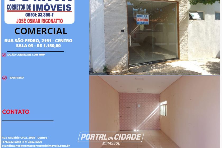 Sal&atilde;o Comercial para alugar - 40m&sup2; - Centro