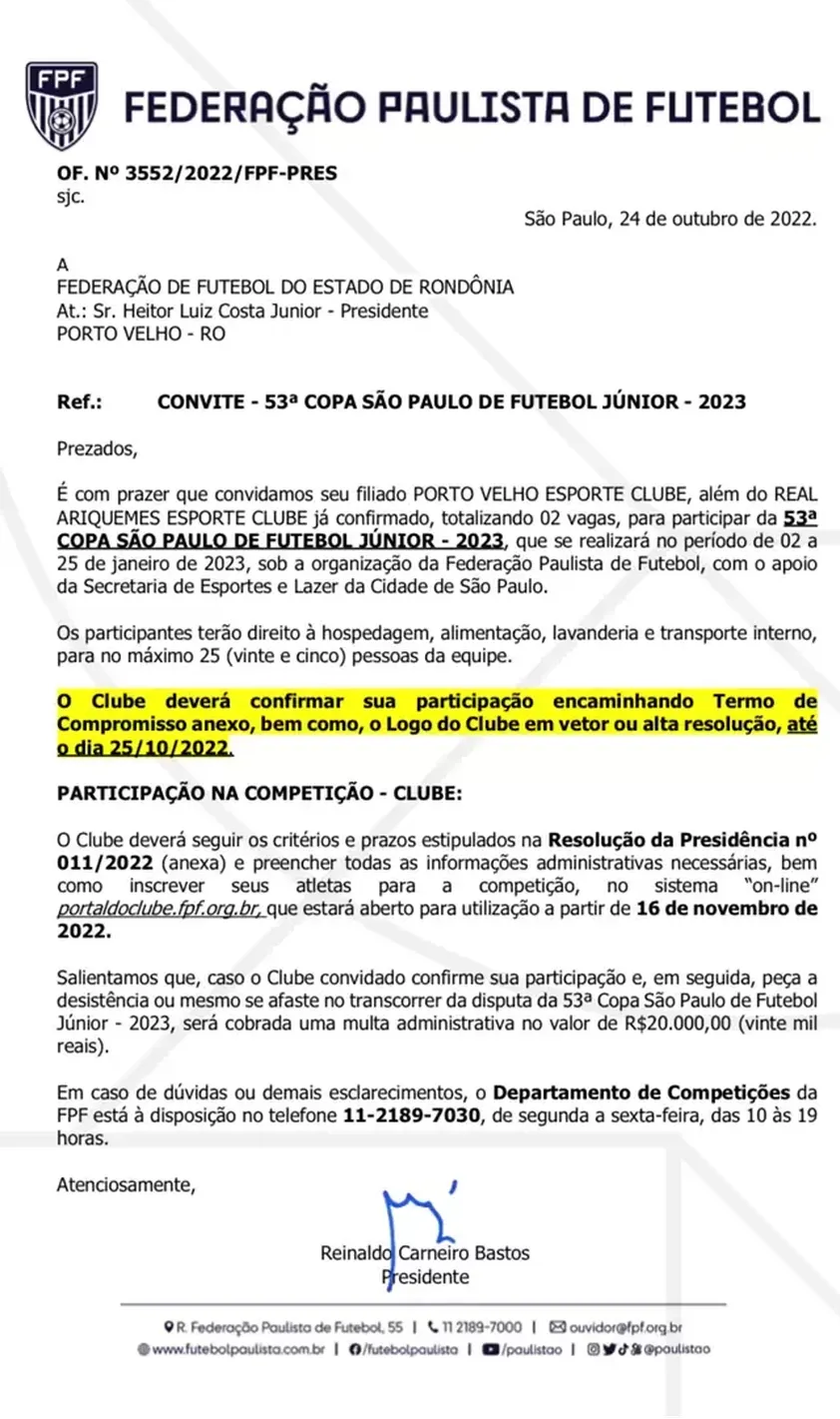 PRAZO PARA CONFIRMAÇÃO NA COPA SÃO PAULO DE FUTEBOL JÚNIOR 2024 SE