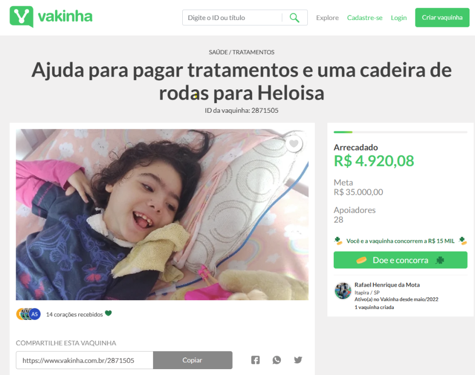 Família cria 'vakinha' online para custear tratamento de criança