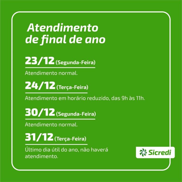 Sicredi terá horário diferenciado de atendimento no final do ano