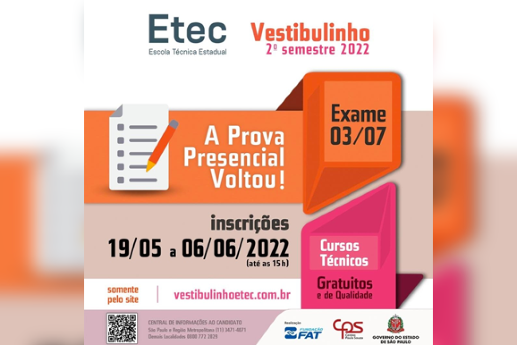 Vestibulinho ETEC 2º Semestre – 2022 – Provas acontecem domingo 03