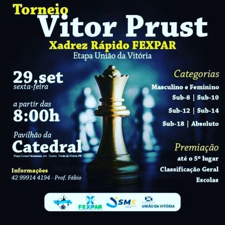 Torneio Vitor Prust de Xadrez rápido acontece nesta sexta-feira